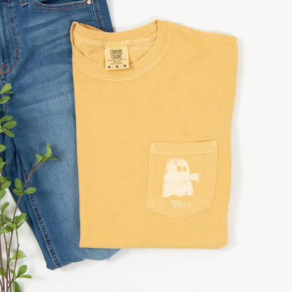 Ghost Boo Thumb Halloween Pocket T-shirt White Print