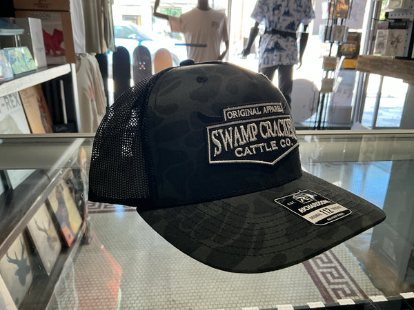 Swamp Cracker hat, cattle co black mesh camo