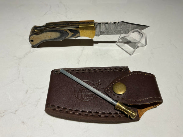 Rill Tools "Dark Seas" Grey Damascus Folder (with sheath)