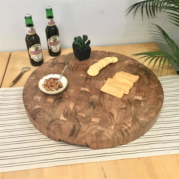 Round End Grain Acacia Wood Cutting Board w/ Cutout Handles