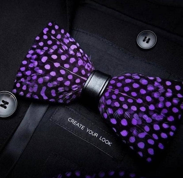 Handmade Purple Polka Dot Feather Bow Tie W/free Lapel Pin Set