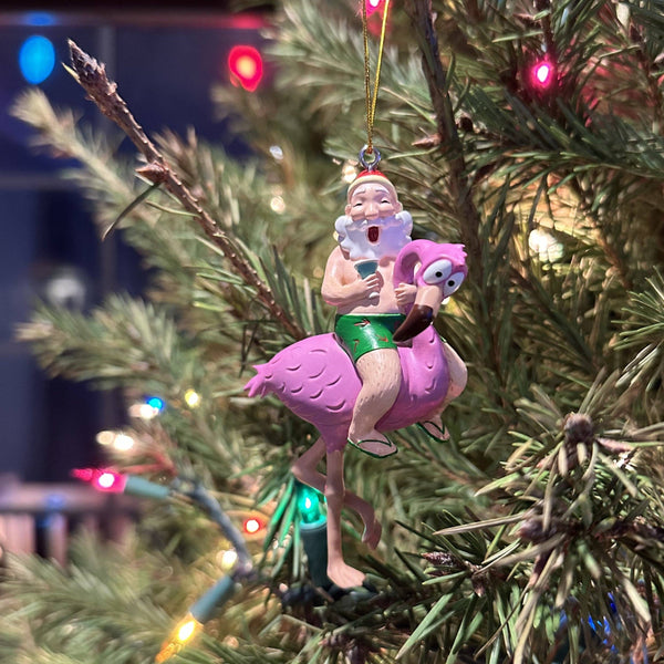 Santa Riding a Pink Flamingo Tropical Christmas Ornament Decoration