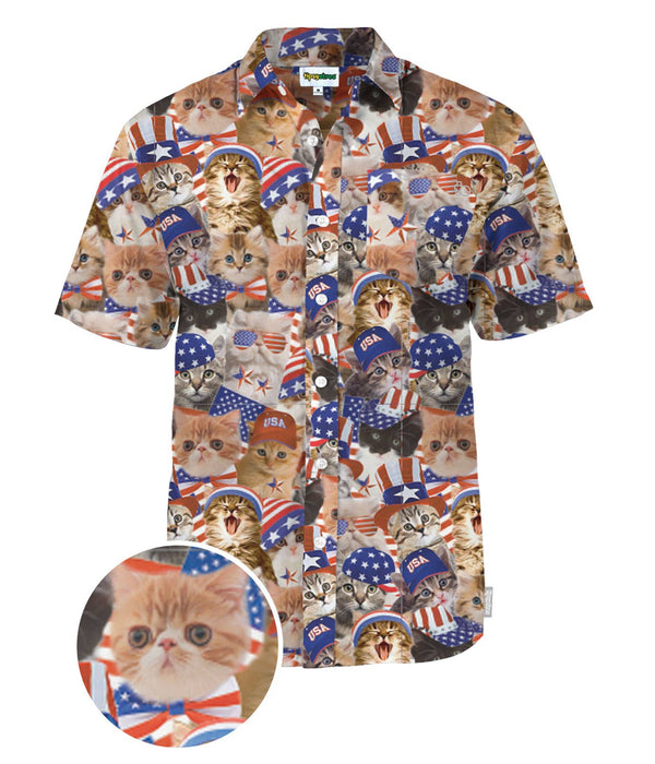 Americat Men's Button Down Shirt - Patriotic Cat Hawaiian