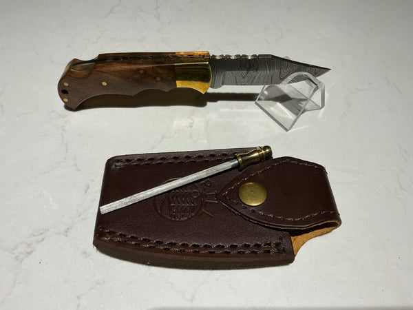 Rill Tools "Woody" Damascus Folder (with sheath)