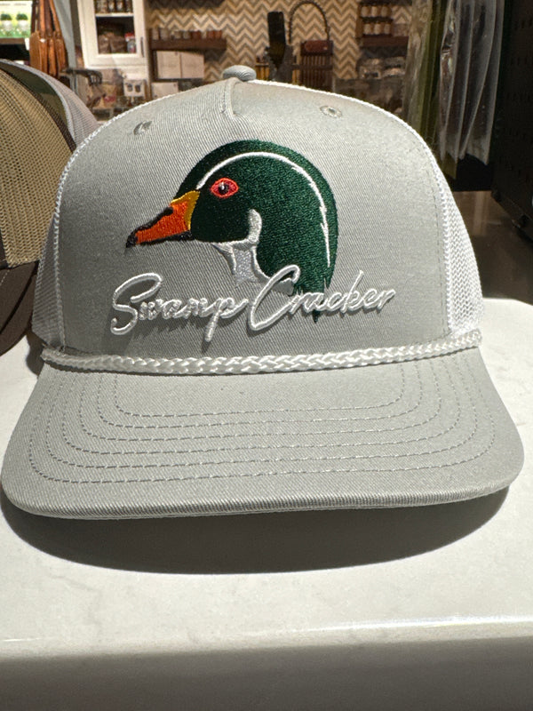 Swamp Cracker hat mallard head, gray and white