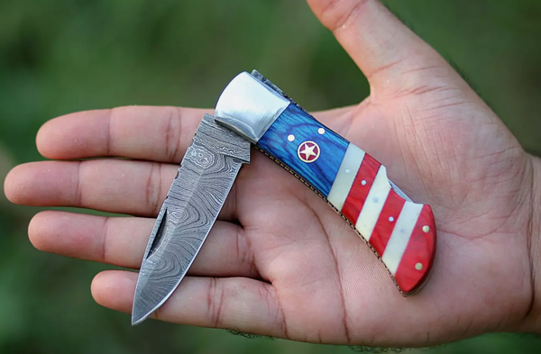 Handmade American Flag Folding Pocket Knife Damascus Steel