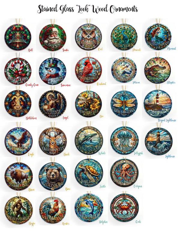 Santa Stained Glass "Look" WOOD Ornament-Custom Location