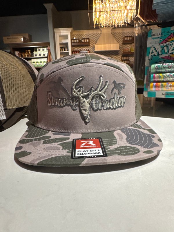 Swamp Cracker hat raised deer skull, tan green camo