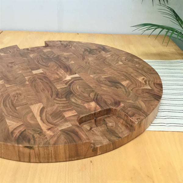 Round End Grain Acacia Wood Cutting Board w/ Cutout Handles