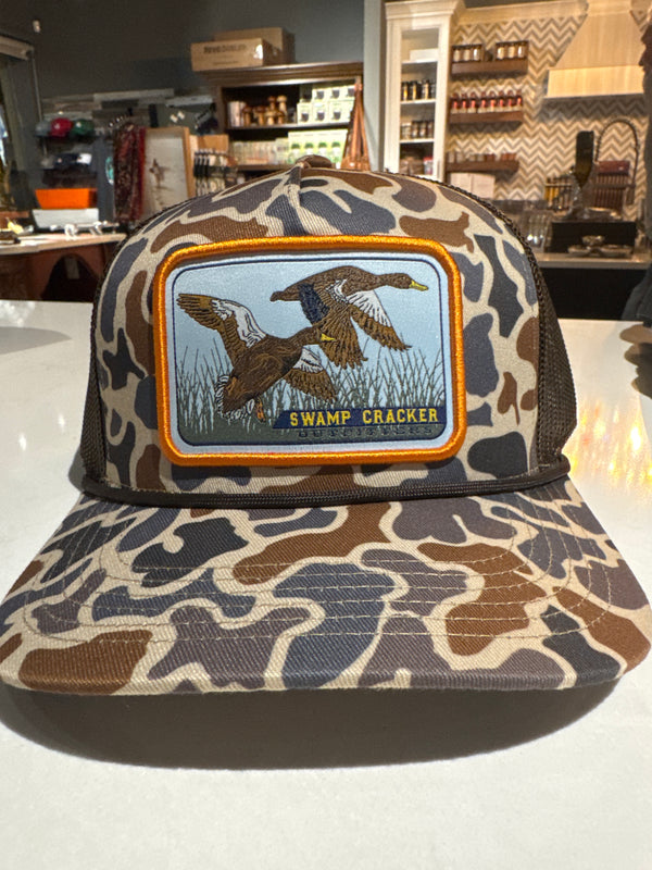 Swamp Cracker hat, flying ducks, brown orange camo