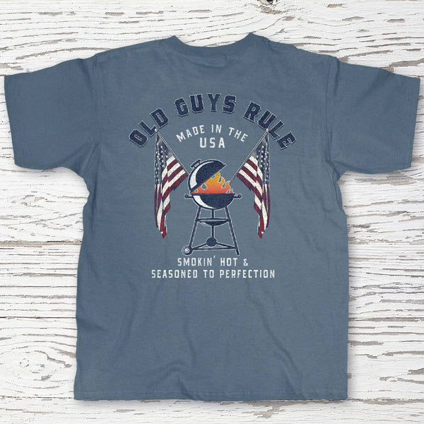Old guys rule American BBQ smokin' grill indigo shirt