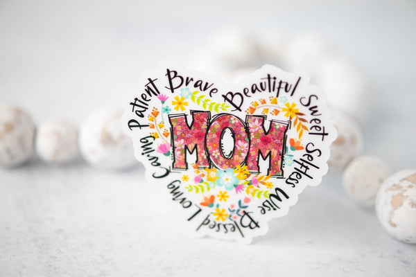 Mom Heart, Floral, Clear Vinyl Sticker, 3x3 in.
