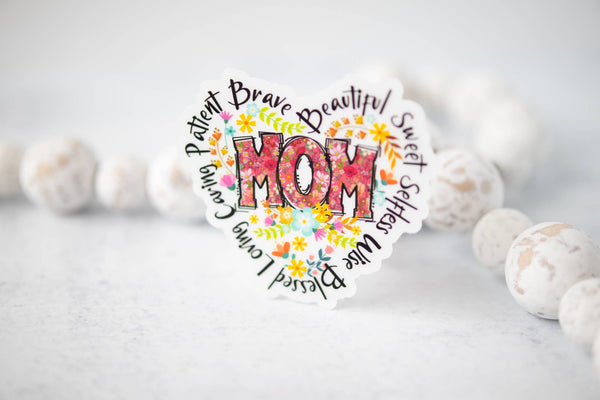 Mom Heart, Floral, Clear Vinyl Sticker, 3x3 in.