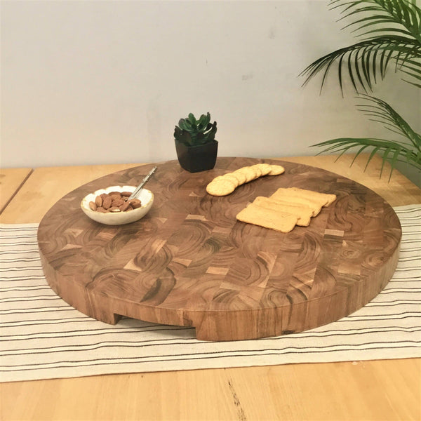 Round End Grain Acacia Wood Cutting Board w/ Cutout Handles