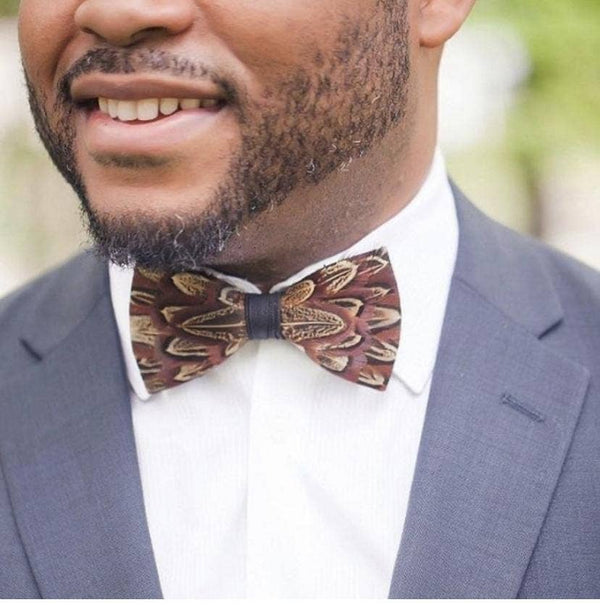 Handmade Brown Feather Bow Tie W/free Lapel Pin Set