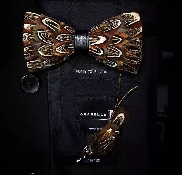 Handmade Brown Feather Bow Tie W/free Lapel Pin Set