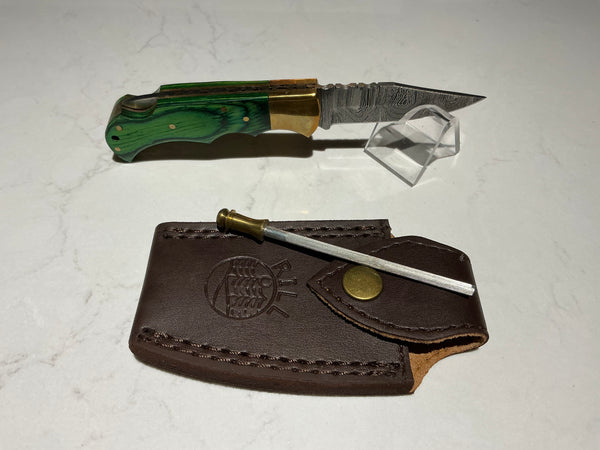 Rill Tools "Irish Whiskey" Green Damascus Folder (with sheath)