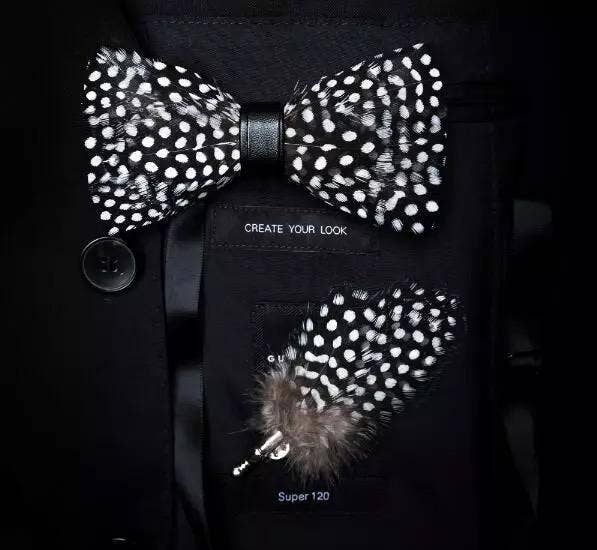 Hand Made Natural Bird Feather Polka Dot Exquisite Bow Tie W/free Brooch Pin Set