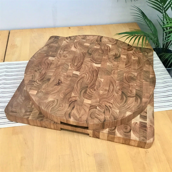 Round End Grain Acacia Wood Cutting Board w/ Cutout Handles