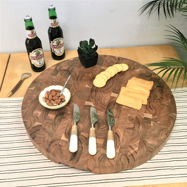 Round End Grain Acacia Wood Cutting Board w/ Cutout Handles