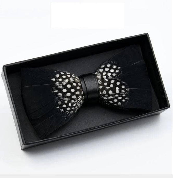 Handmade Adjustable Neckband Feather Bow Tie Black & White Polka Dot W/free Lapel Pin Set