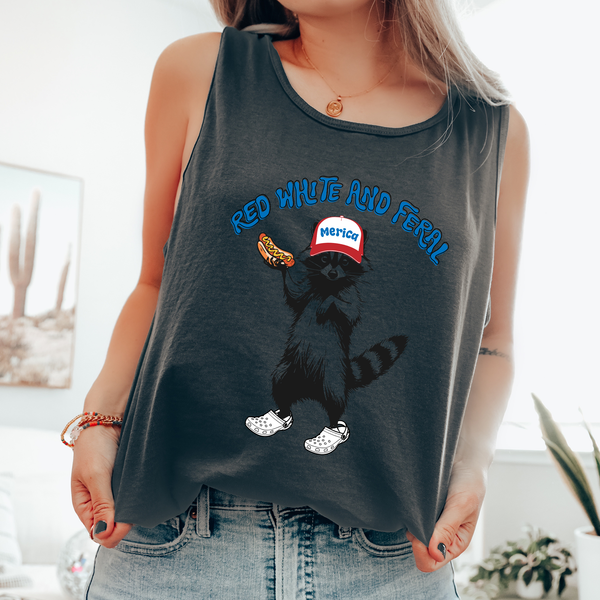 Red White and Feral, Raccoon, Funny, America, USA Tank Top