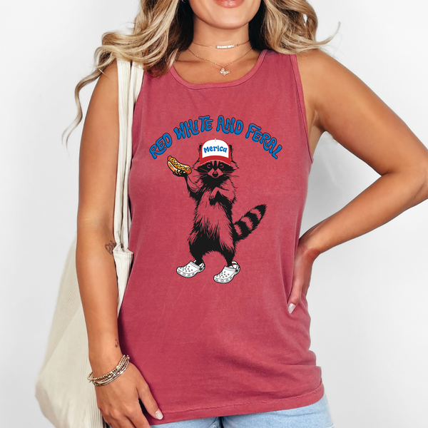 Red White and Feral, Raccoon, Funny, America, USA Tank Top