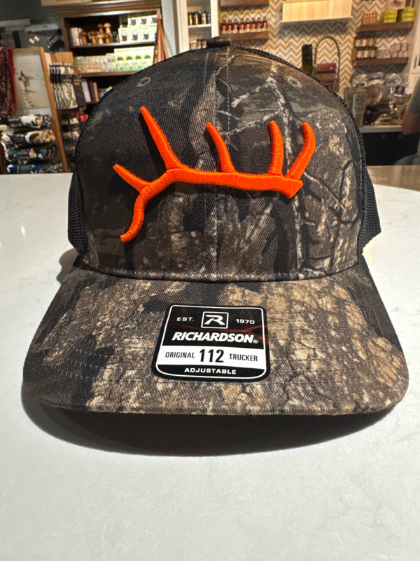 Swamp Cracker hat, orange antler, dark, green black camo