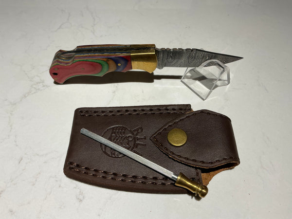 Rill Tools "Colorado Red" Damascus Folder (with sheath)