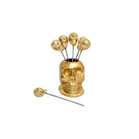 Textured Gold Skull Picks & Holder, Set of 7