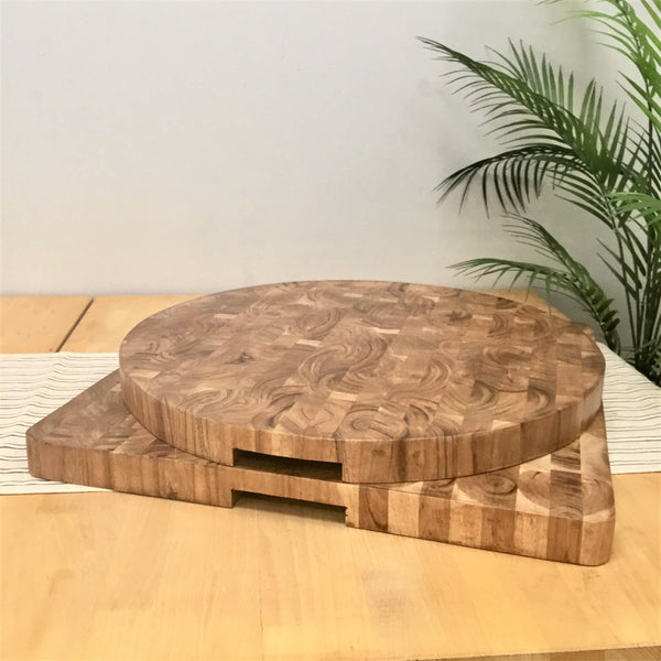 Round End Grain Acacia Wood Cutting Board w/ Cutout Handles
