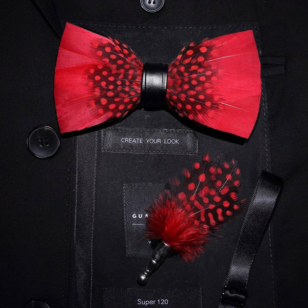 Handmade Red Polka Dot Feather Bow Tie W/free Lapel Pin Set