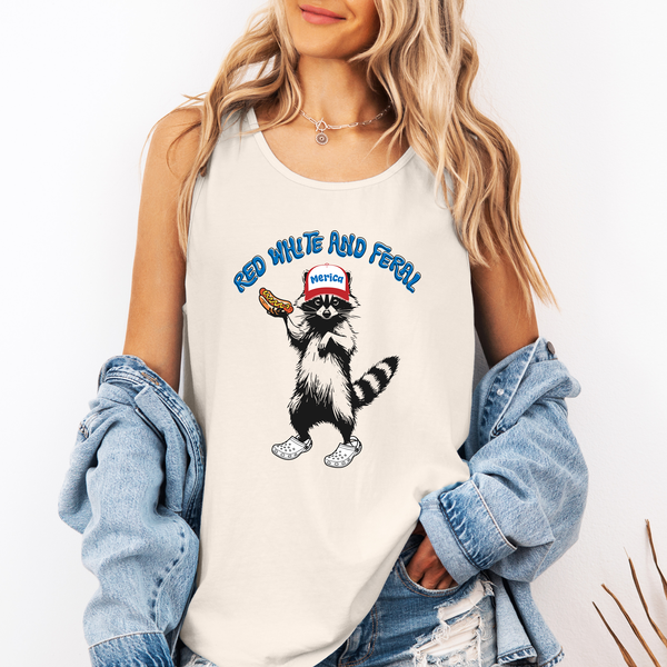 Red White and Feral, Raccoon, Funny, America, USA Tank Top