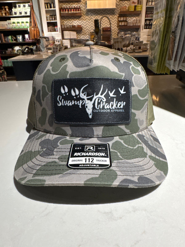 Swamp Cracker hat, olive camo, black square