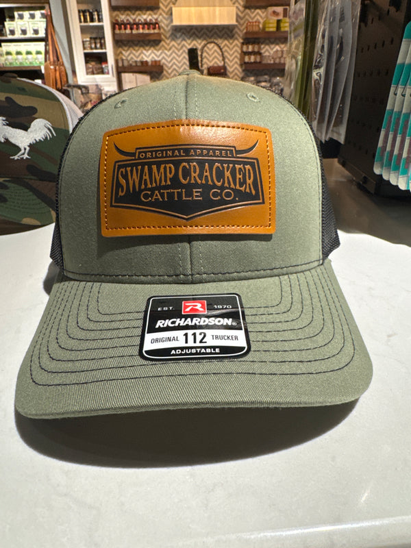 Swamp Cracker hat, cattle Co. olive square patch