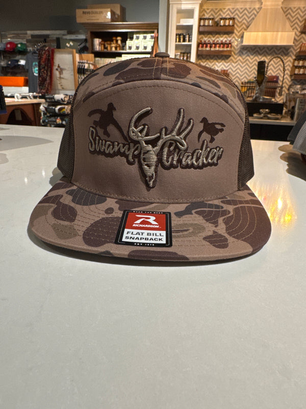Swamp Cracker hat, raised deer skull, brown camo
