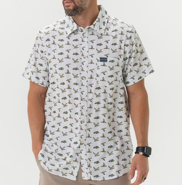Burlebo performance button up flying mallard ducks