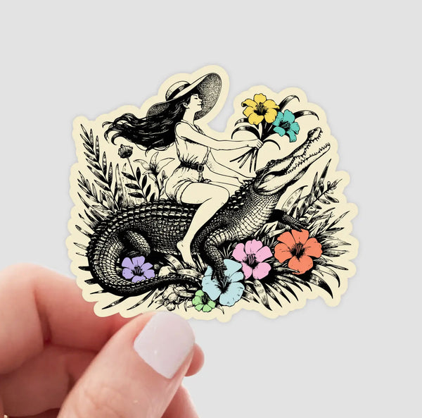 Woman Riding A Crocodile Sticker