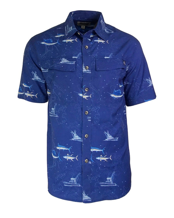 Hook & Tackle MARINE CHARTS STRETCH SHORT SLEEVE FISHING SHIRT Navy