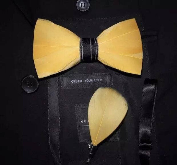 Handmade Yellow Feather Bow Tie W/free Lapel Pin Set