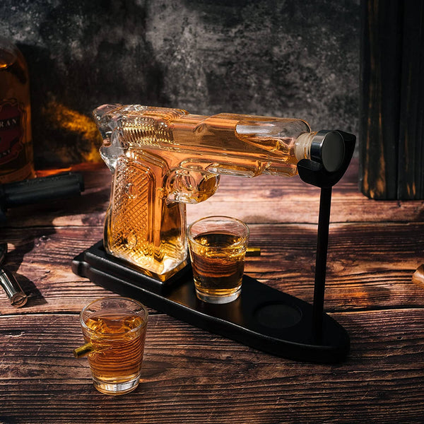 Pistol Gun Decanter Set + 2 Bullet shot Glasses & Wood Stand