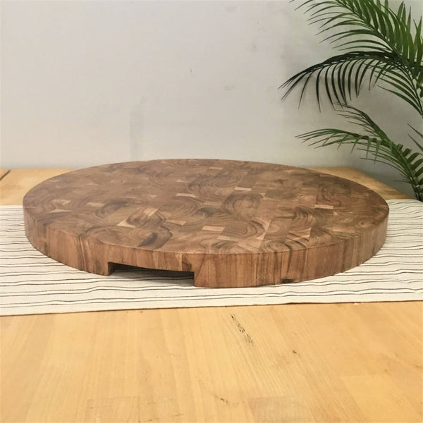 Round End Grain Acacia Wood Cutting Board w/ Cutout Handles