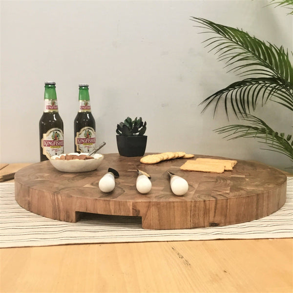 Round End Grain Acacia Wood Cutting Board w/ Cutout Handles