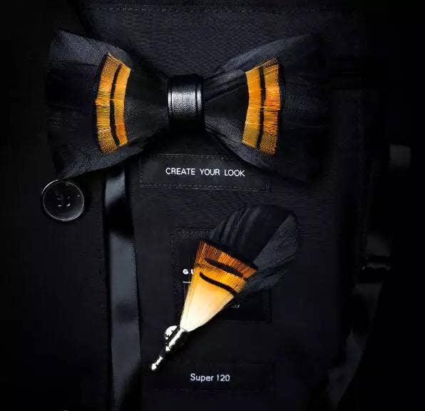 Handmade Black Orange Feather Bowtie W/free Lapel Pin Set