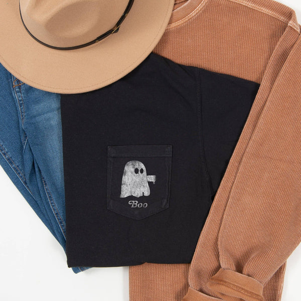 Ghost Boo Thumb Halloween Pocket T-shirt White Print