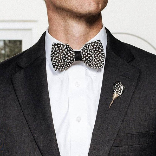 Hand Made Natural Bird Feather Polka Dot Exquisite Bow Tie W/free Brooch Pin Set