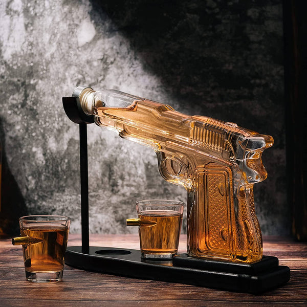 Pistol Gun Decanter Set + 2 Bullet shot Glasses & Wood Stand