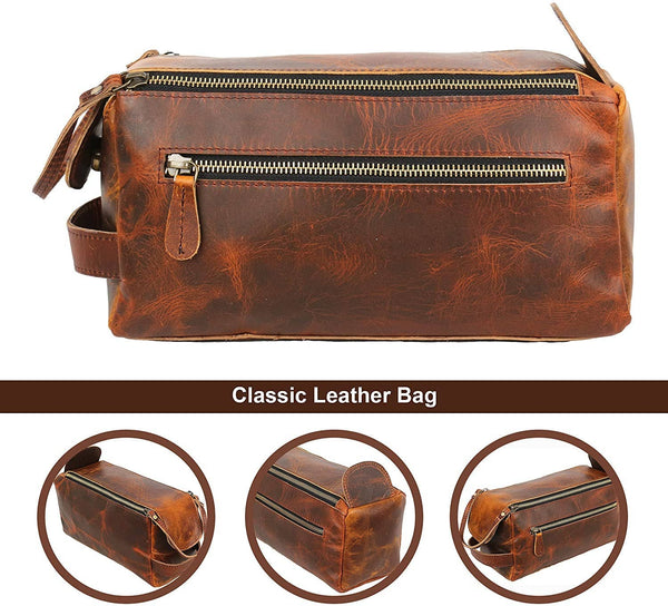 Tuzech Vintage Full Grain Leather Handmade Travel Toiletry Bag Vintage Travel Shaving & Dopp Kit : for Toiletries, Cosmetics & More (Dark Brown)