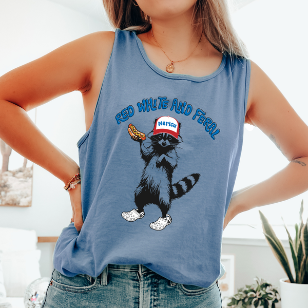 Red White and Feral, Raccoon, Funny, America, USA Tank Top