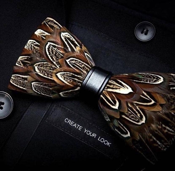 Handmade Brown Feather Bow Tie W/free Lapel Pin Set